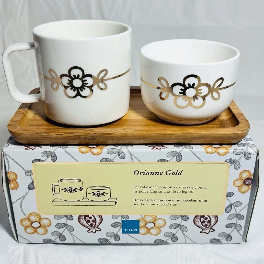 Thun Porcelain Mug/Cup Bowl Wood Tray Orianne Gold Breakfast 3 Piece Set White